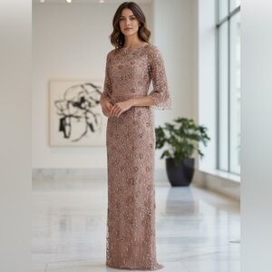 Aidan Mattox Women’s Rose Gold Beaded Gown Boat Neck V Back Size 12 NWT